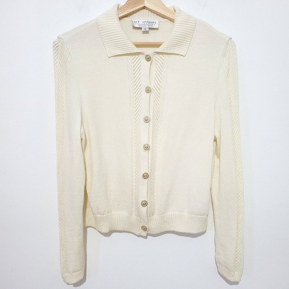 St. John Collection Sweaters - St. John Collection By Marie Gray Cream Ivory Cardigan Collared Size 8 Vintage